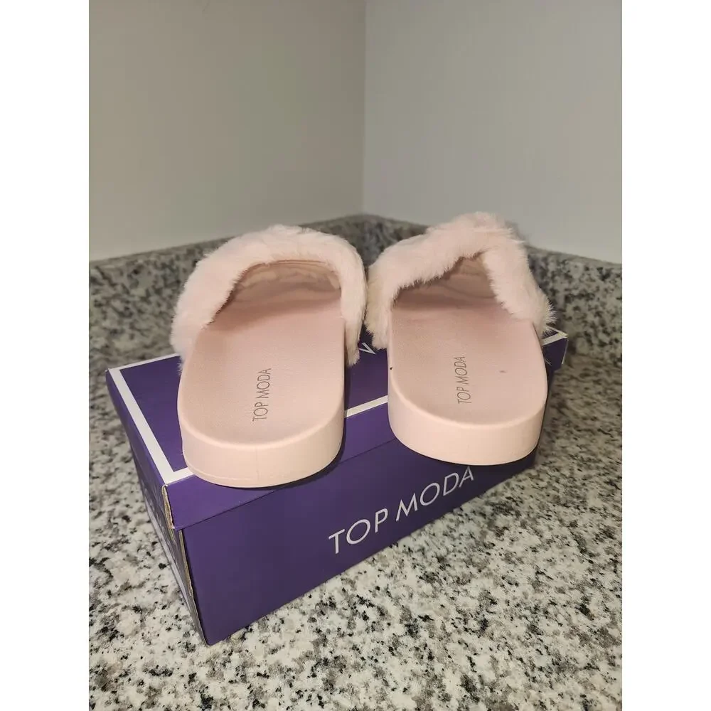 Top Moda CAB-36 Blush Faux Fur Rhinestone Sandals